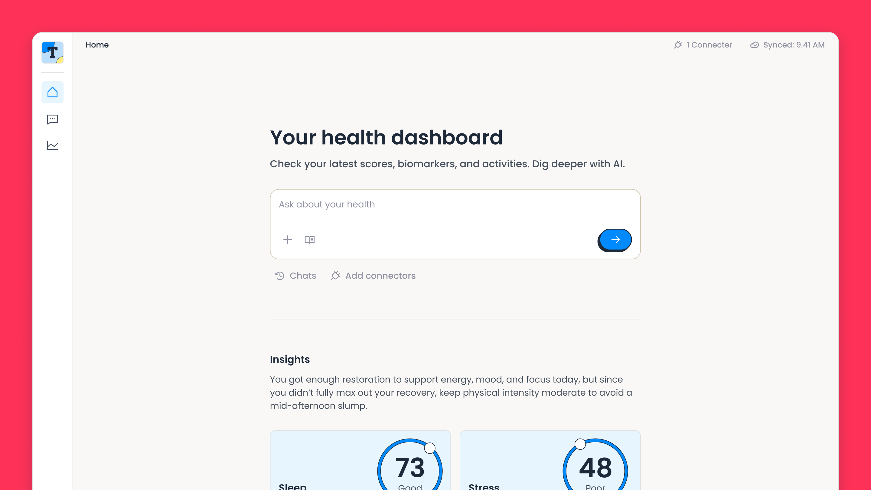 The Terra Basecamp health dashboard showing daily sleep and stress scores, AI-generated insights, and an ask-about-your-health input